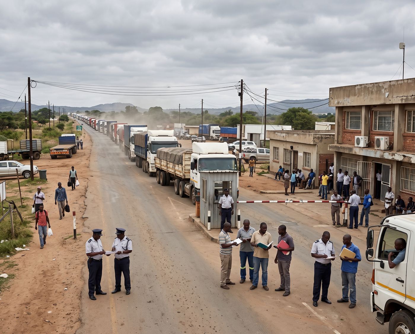 Freight trucks queuing at a border post while officials and clearing agents check documents