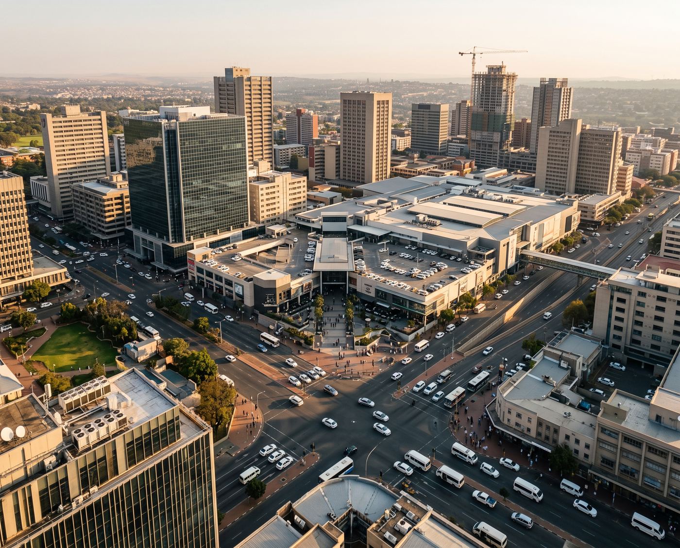 An African city centre from above, office towers, a shopping mall and busy intersections